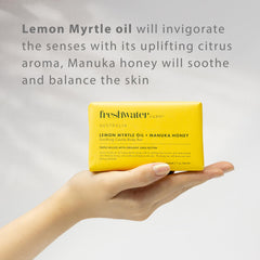 Freshwater Farm Australia lemon Myrtle honey soap bar for sensitive skin supports mild, nourishing wash.