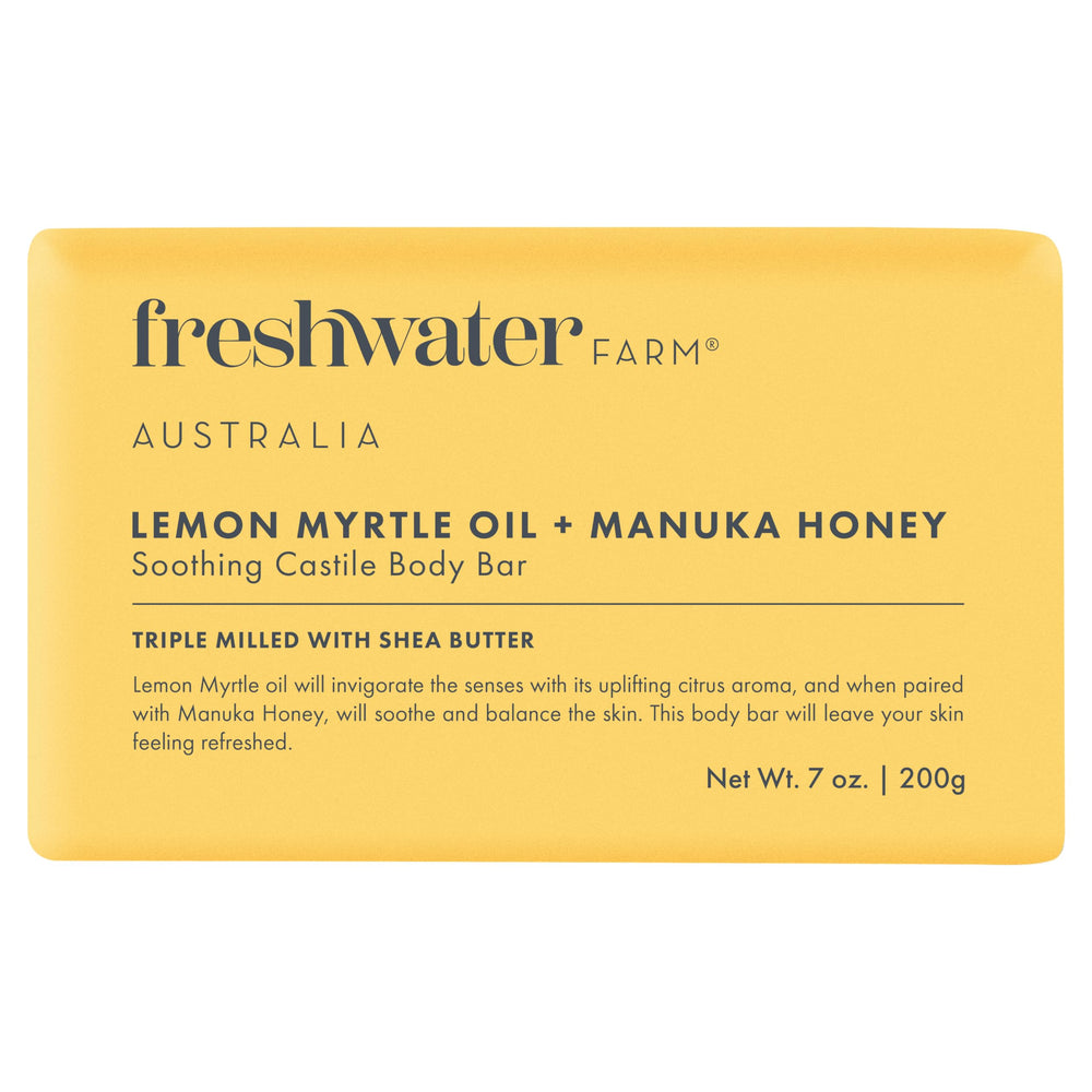 Freshwater Farm Australia Lemon Myrtle Oil + Manuka Honey Body Bar close-up for refreshing daily cleansing.