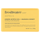 Freshwater Farm Australia Lemon Myrtle Oil + Manuka Honey Body Bar close-up for refreshing daily cleansing.