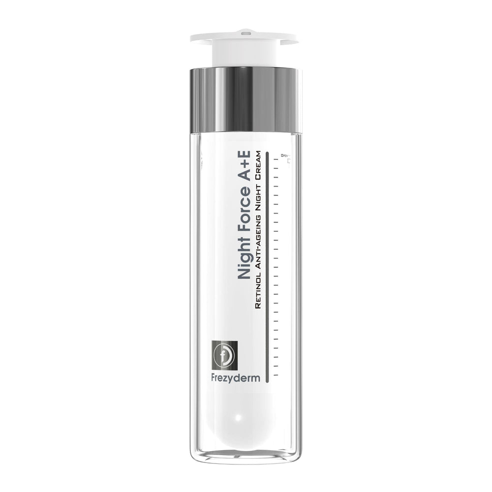 FrezyDerm Night Force bottle closeup highlighting retinol for smoother skin