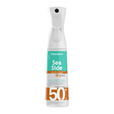 FREZYDERM Sea Side Dry Mist SPF 50+ bottle close-up for quick beach protection