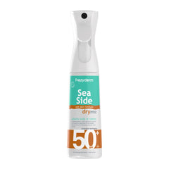 FREZYDERM Sea Side Dry Mist SPF 50+ bottle close-up for quick beach protection