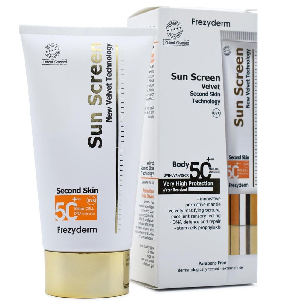 FrezyDerm Sun Screen Velvet bottle shows silky texture for daily protection.