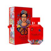 Frida Kahlo Red Deluxe bottle close-up with premium lacquered finish and floral accents for women.