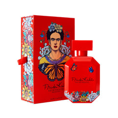 Frida Kahlo Red Deluxe bottle close-up with premium lacquered finish and floral accents for women.