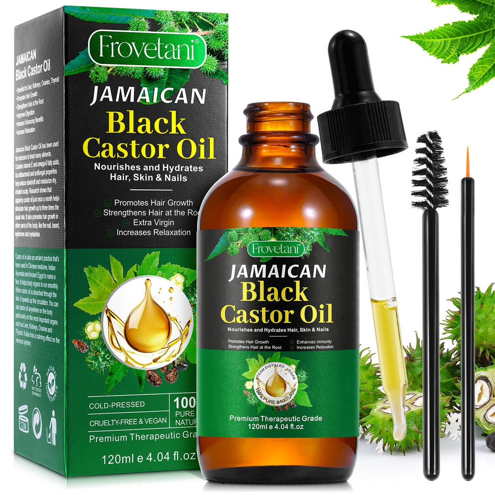 Frovetani 120ml Jamaican Black Castor Oil bottle for hair nourishment and growth support.