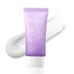 FRUDIA Blueberry Hydrating Air Fit sunscreen bottle angled for airy protection