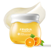FRUDIA Citrus Brightening Cream bottle shows glow and support.