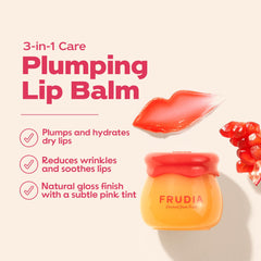 Frudia lip balm translucent-red close-up showing natural tint and glossy finish.