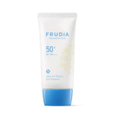 FRUDIA Welcos Sun Block Day Cream Essence bottle on white background provides daily hydration and protection.