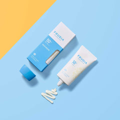 FRUDIA Welcos Sun Block Day Cream Essence texture close-up shows lightweight absorption.