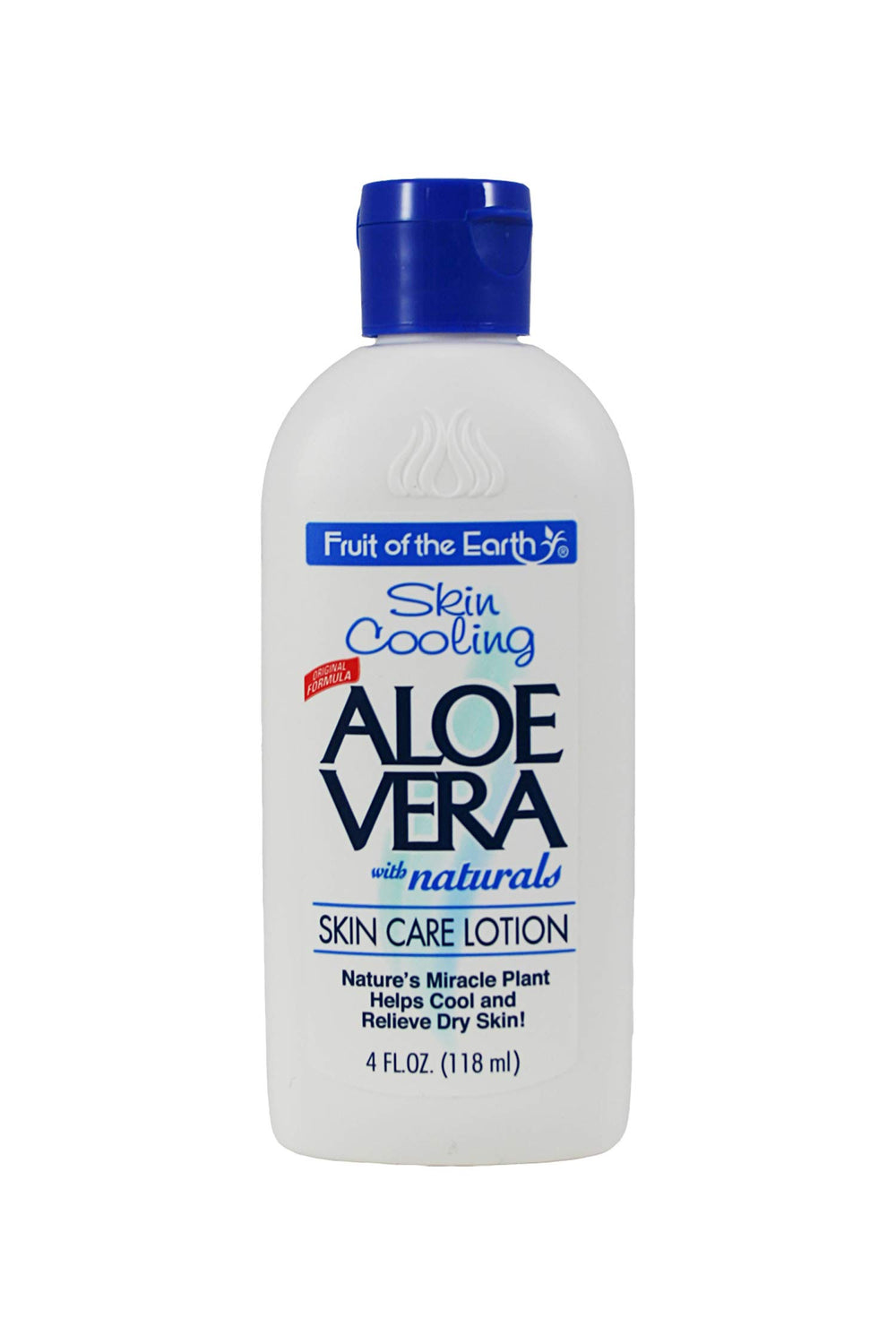 Fruit of the Earth Aloe Vera Lotion bottle front, lightweight and travel-ready daily moisturizer.