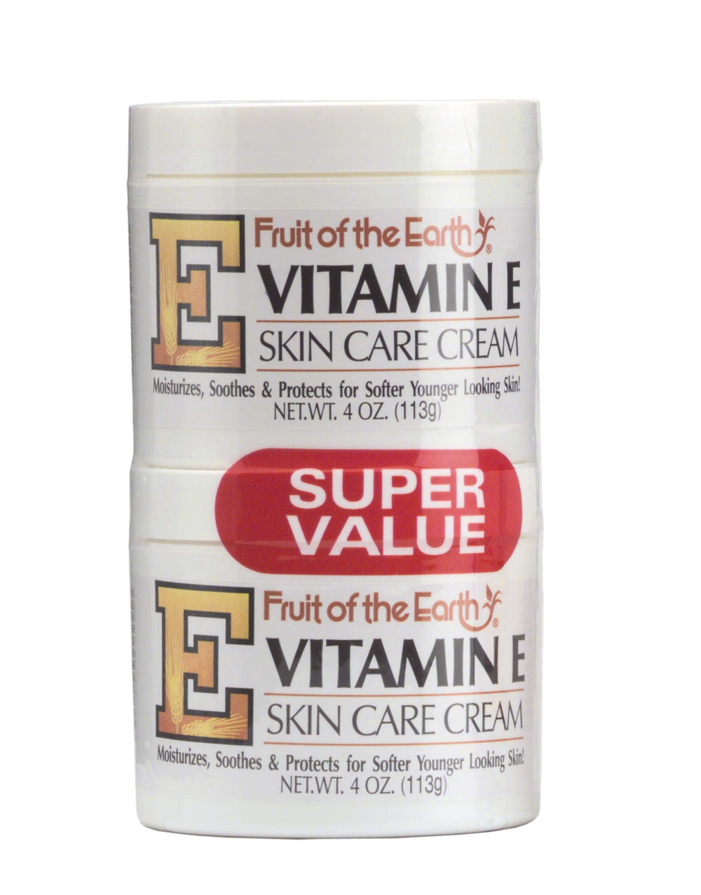 Fruit of the Earth Vitamin-E Cream jar close-up for moisturized, smoother skin.
