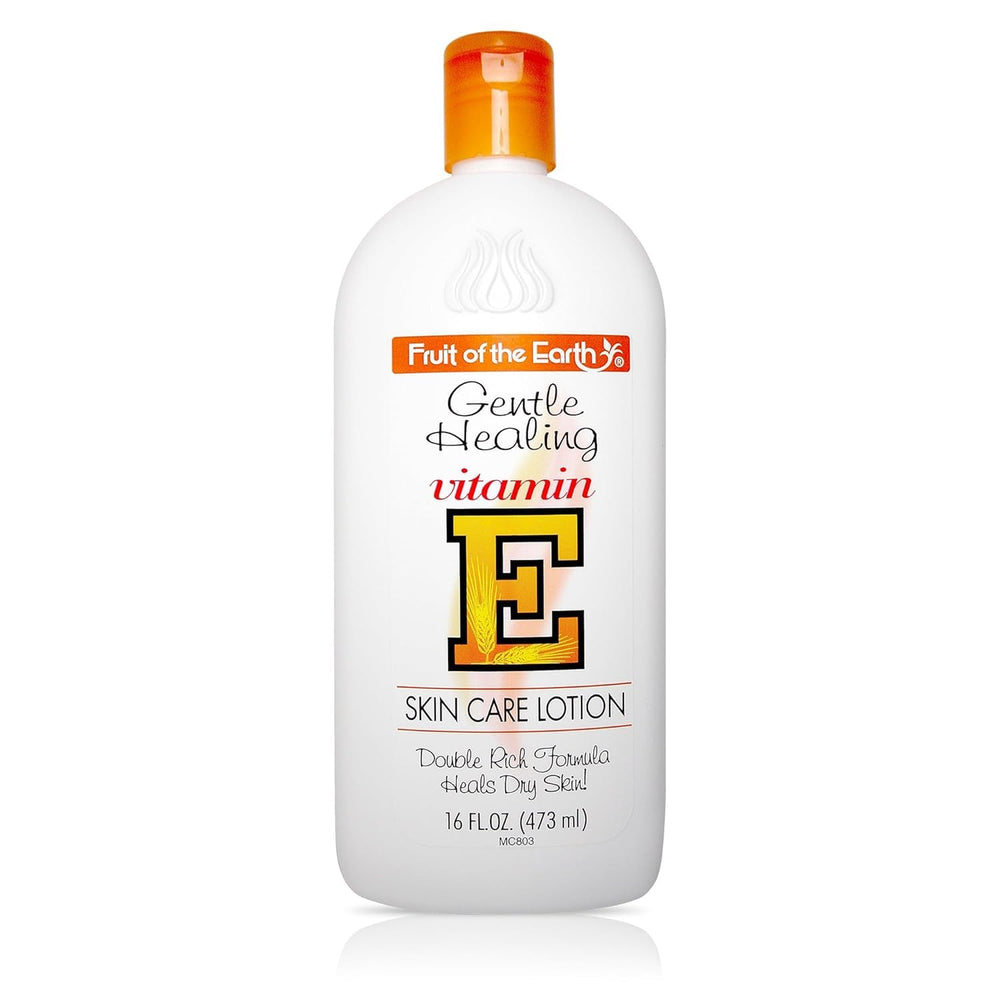 Fruit of the Earth Vitamin E Lotion 16oz bottle pour demonstrates easy application