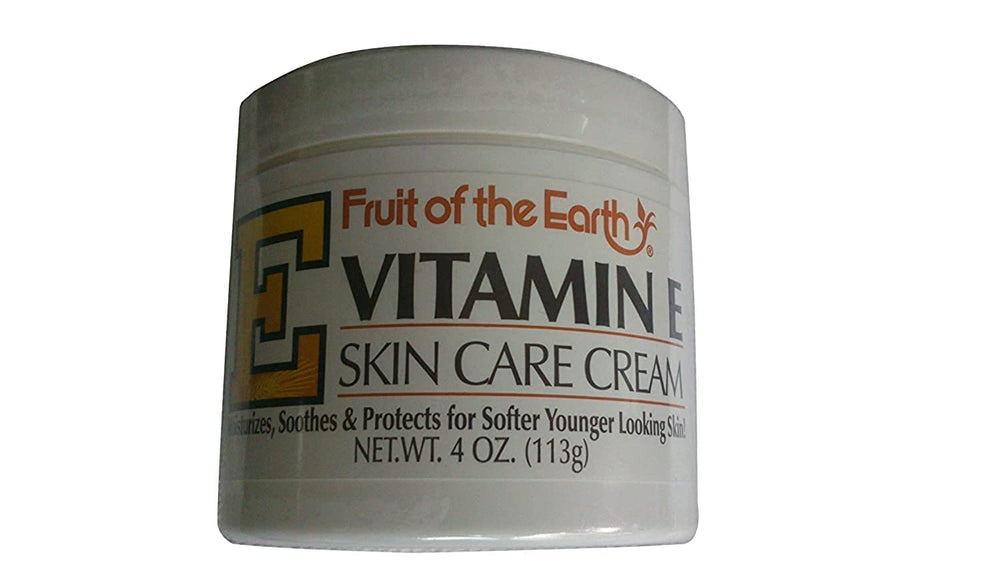Fruit of the Earth Vitamin E Skin Care Cream jar front showing gentle hydration for dry skin.