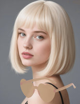 FSLLZCJY Blonde Bob Wig with Heart Sunglasses front view shows bold, fashion-ready style
