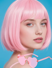 FSLLZCJY light pink bob wig with heart sunglasses closeup highlights bold style and playful charm