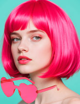 FSLLZCJY pink bob wig with heart sunglasses for cosplay and parties