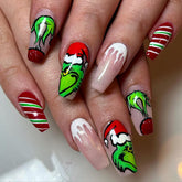 FUKIDOG Christmas glitter nails with green monster design for festive sparkle