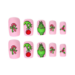 FUKIDOG pink square nails with monster design for holiday style.