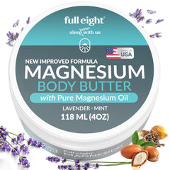 Full Eight Magnesium Body Butter jar closeup shows rich texture for deep tissue comfort and hydration.