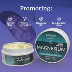 Full Eight Magnesium Body Butter on legs during massage suggests restful evenings.