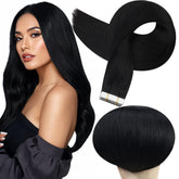 Full Shine tape-in extensions in jet black blend seamlessly with natural hair