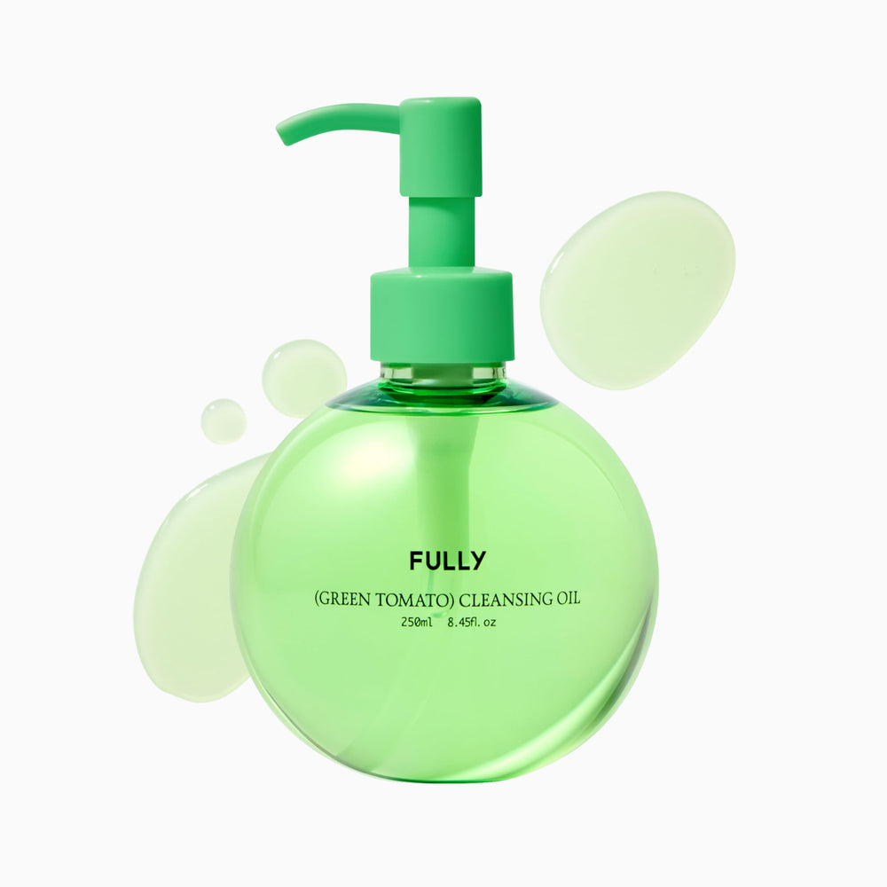 FULLY Green Tomato Cleansing Oil bottle pour enables easy makeup removal