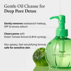 FULLY Green Tomato Cleansing Oil in hand demonstrates gentle cleansing