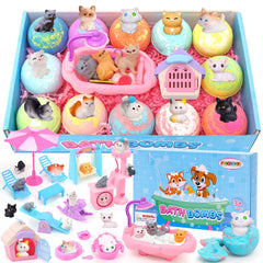 FUNCREVITY kid bath bombs reveal a cat toy inside during fizz for exciting bath time.