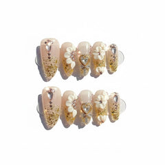 FURNUNUBI handmade almond nails with gold glitter for a durable, stylish finish.