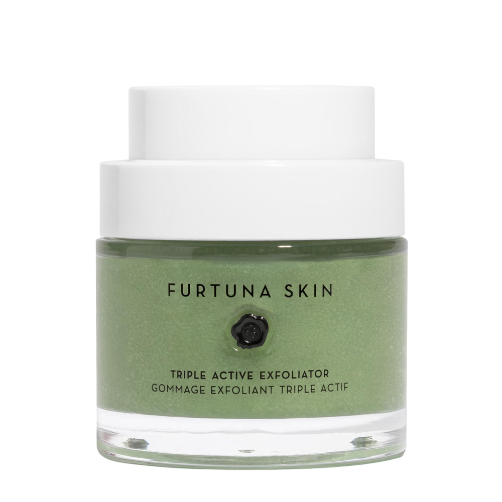 Furtuna Skin Triple Action Exfoliator packaging closeup highlighting vegan formula for eco-conscious skincare.