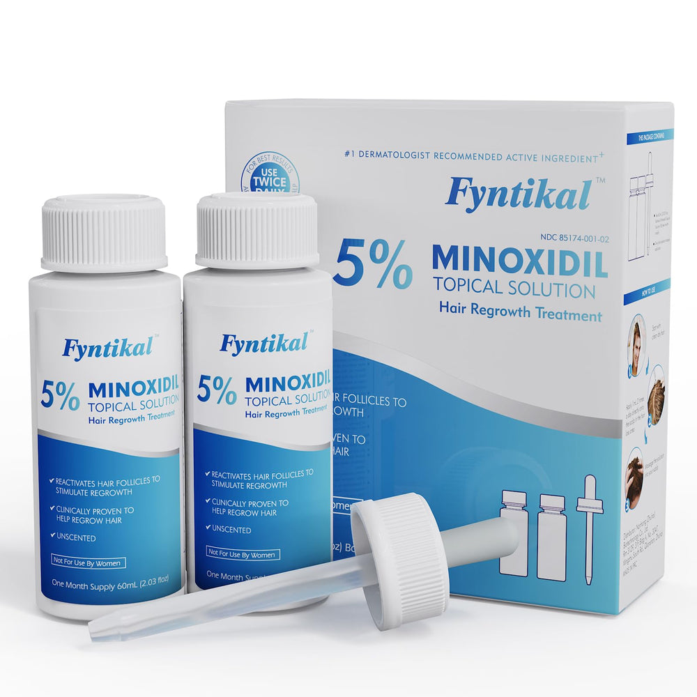 Fyntikal 5% minoxidil bottle with dropper for precise scalp dosing.