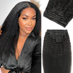 FZV kinky straight clip-in extensions in 16-inch natural bundle for added length.