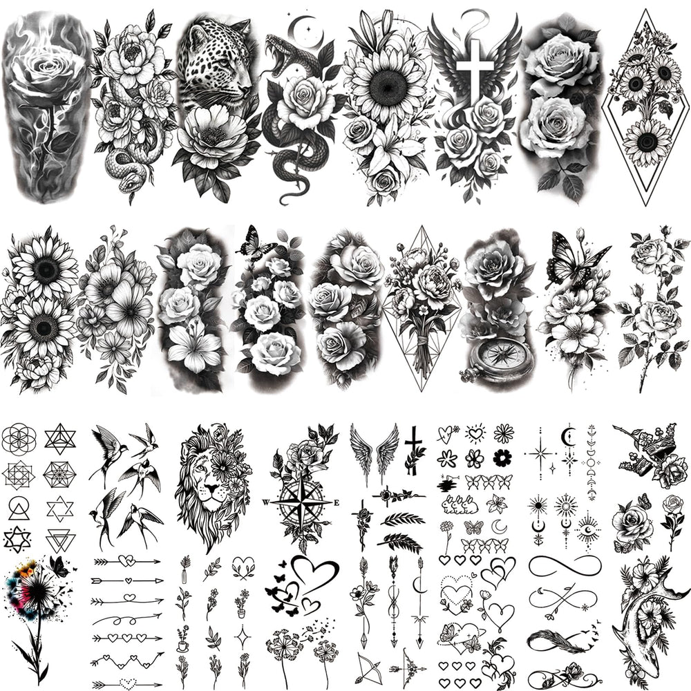 Gabizafia 92pcs black flower tattoos, large half-sleeve visuals for bold style and long wear.
