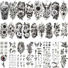 Gabizafia 92pcs black flower tattoos, large half-sleeve visuals for bold style and long wear.