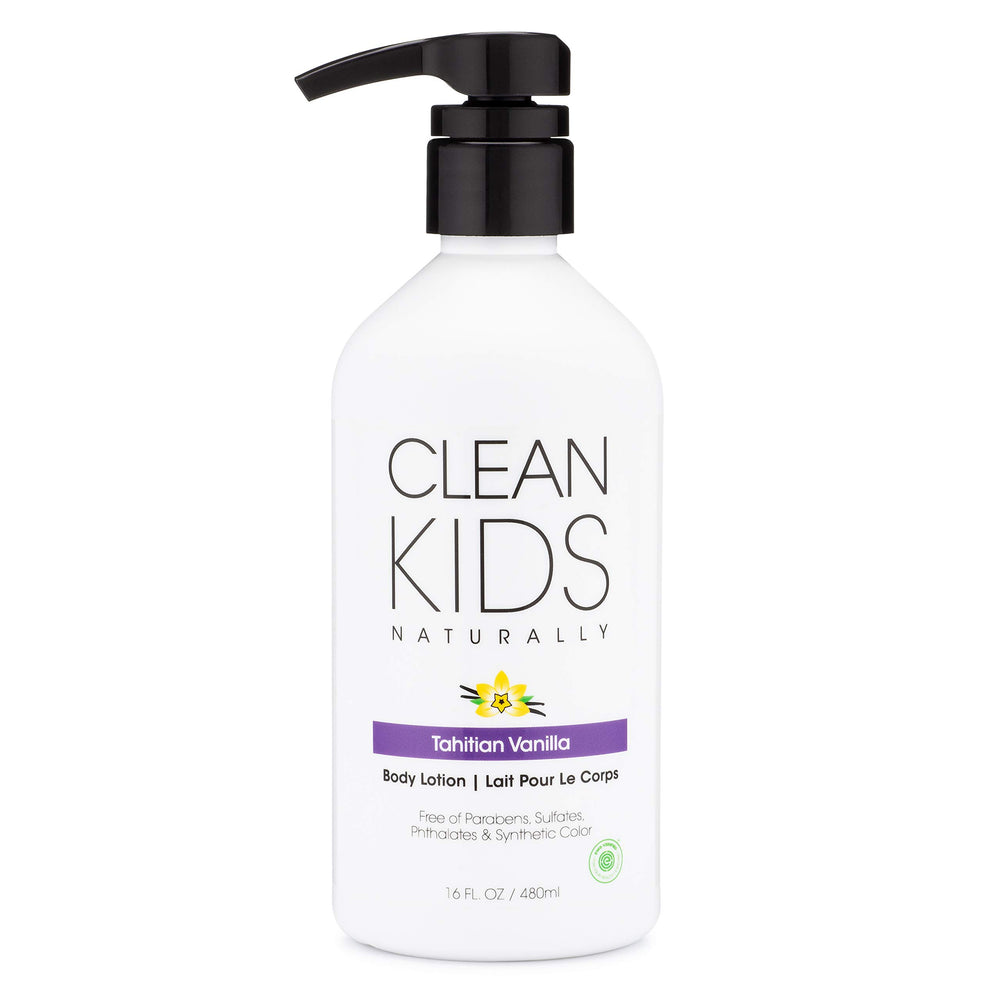 Gabriel Cosmetics Clean Kids Tahitian Vanilla Lotion bottle front showing gentle hydration for sensitive skin