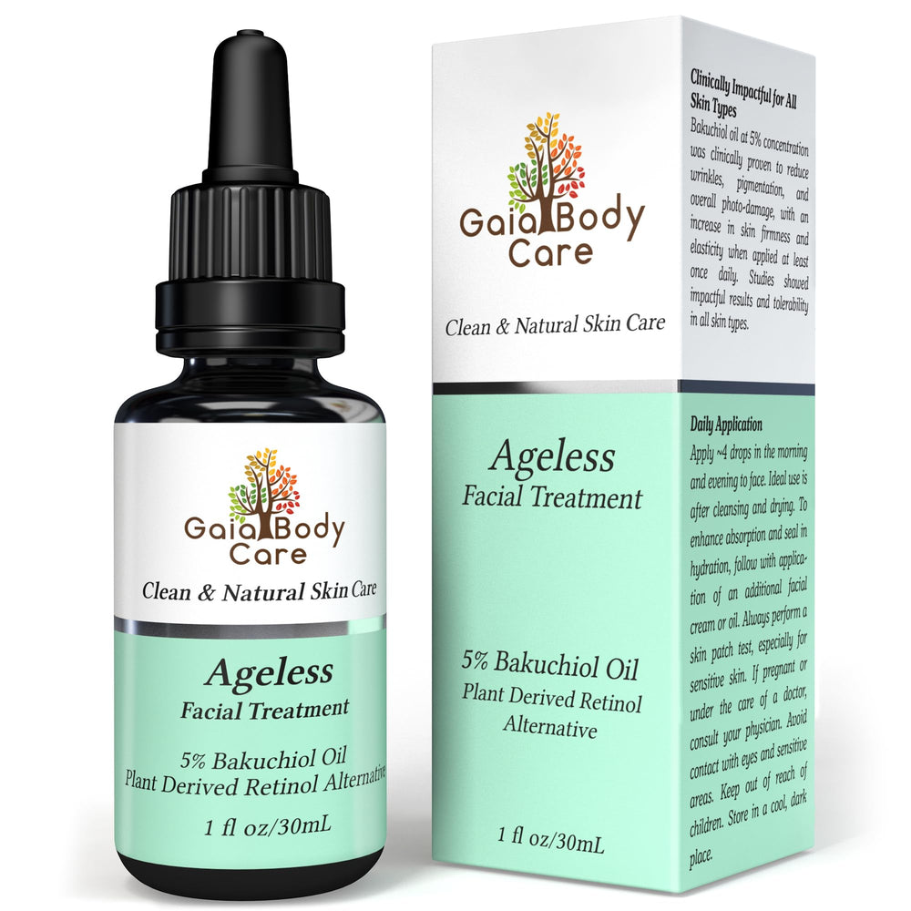 Gaia Body Care Ageless Bakuchiol Oil bottle for daily anti-aging glow and smoother skin.