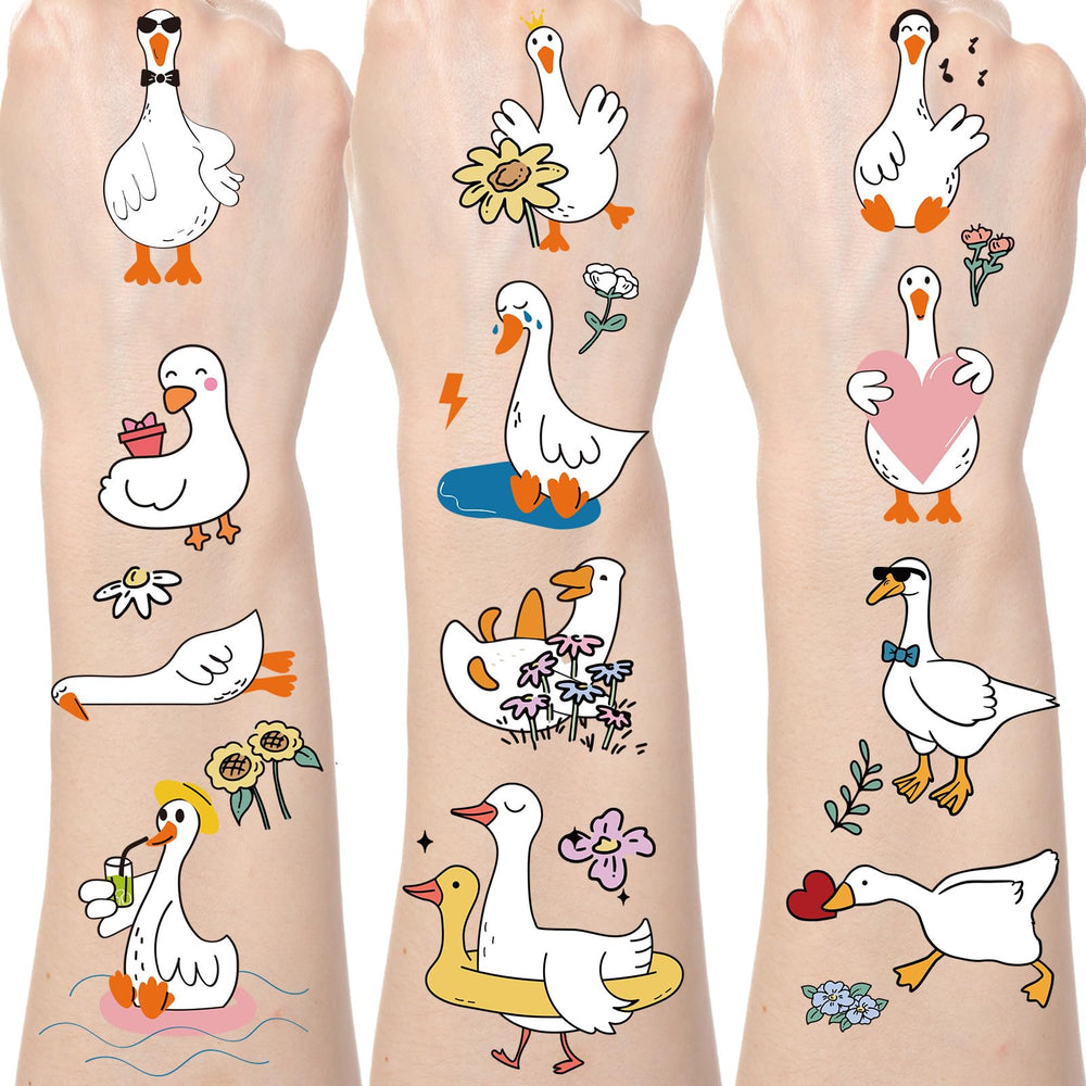 Gameza funny goose tattoos on six sheets show colorful designs for birthday parties.