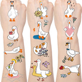 Gameza funny goose tattoos on six sheets show colorful designs for birthday parties.
