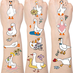 Gameza funny goose tattoos on six sheets show colorful designs for birthday parties.