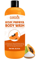 Ganskin Kojic Acid Soap bottle pour suggests gentle cleansing for even skin tone.
