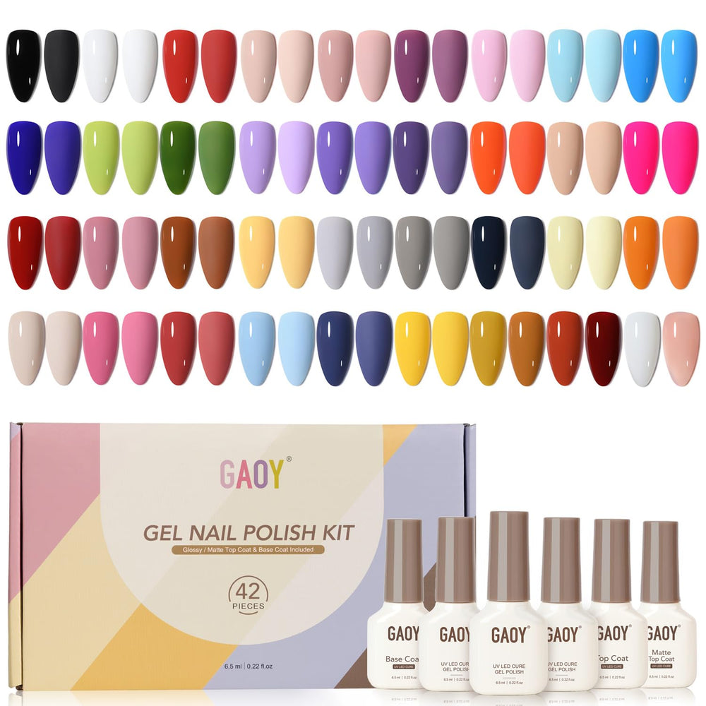 GAOY 42 Pcs gel nail polish kit color swatches showing a wide seasonal palette.