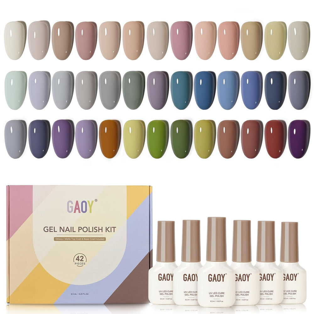 GAOY 42-pcs gel nail polish kit showing glossy and matte top coats for at-home manicure versatility