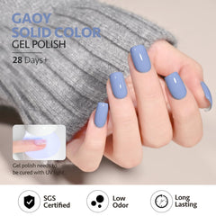 GAOY Serenity Blue gel polish in a home DIY manicure setup with the 16ml bottle.