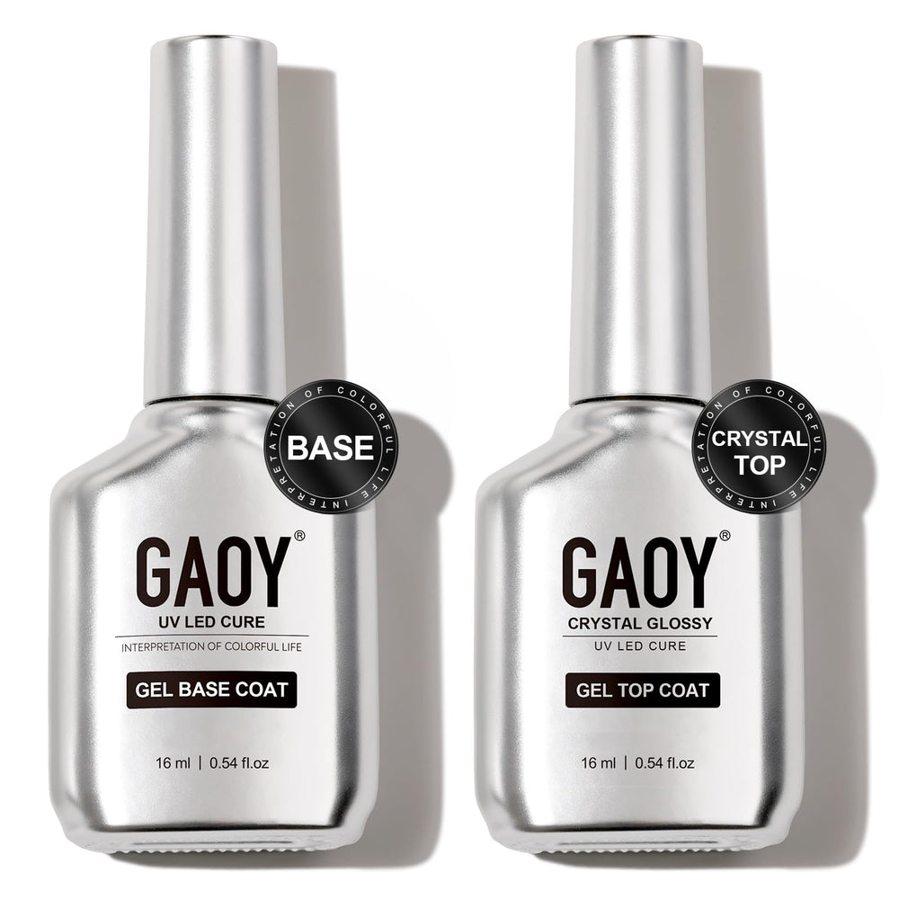 GAOY Crystal Glossy Top Coat bottle with a chrome-like finish for lasting shine.