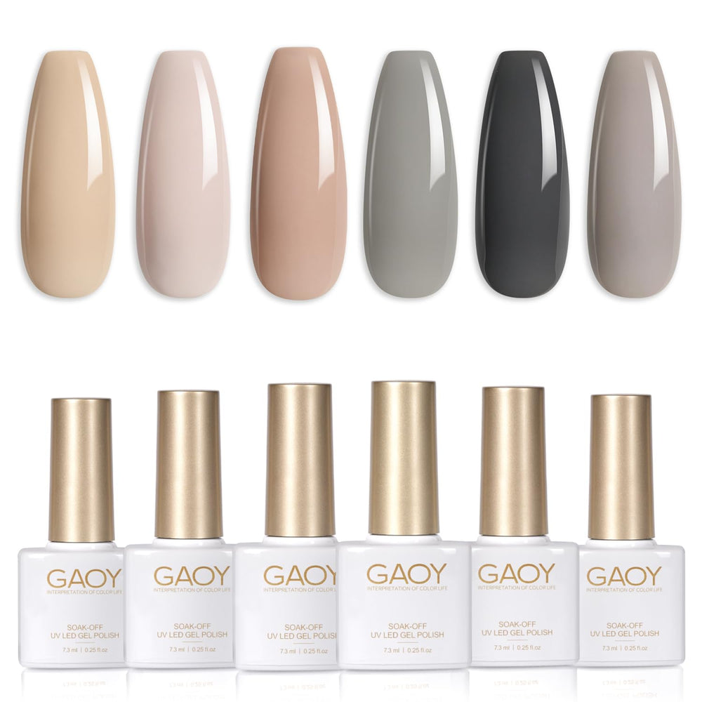 GAOY gray gel nail polish set swatches with six nude-brown shades