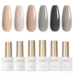 GAOY gray gel nail polish set swatches with six nude-brown shades