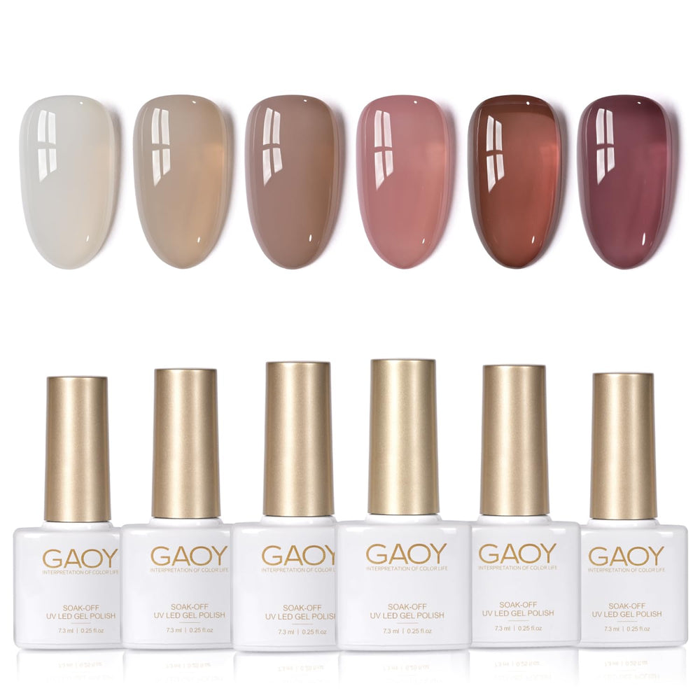 GAOY Jelly Brown White Gel Nail Polish Set — six translucent colors for at-home nail art.