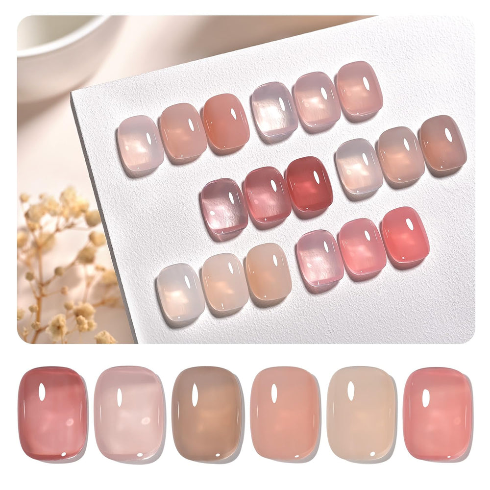 GAOY jelly gel nail polish set swatches display six nude-pink-brown shades
